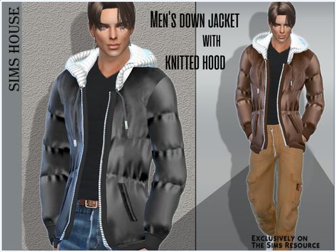 The Sims Resource - Men's down jacket with knitted hood Sims 4 Clothing Sets, Male Hoodie, Womens Denim Overalls, Sims 4 Cc Shoes, Mens Down Jacket, Fur Hoodie, Cold Outfits, Winter Hats For Men, Shirt Tucked In