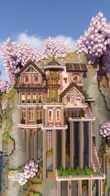 Minecraft Pink Mountain House, Cherry Blossom Cliff House Minecraft, Minecraft Pink Castle Ideas, Minecraft Planet Build, Sakura Build Minecraft, Cherrywood Minecraft Builds, Big Builds Minecraft, Minecraft Sakura House Interior, Melanie Martinez Minecraft Skin