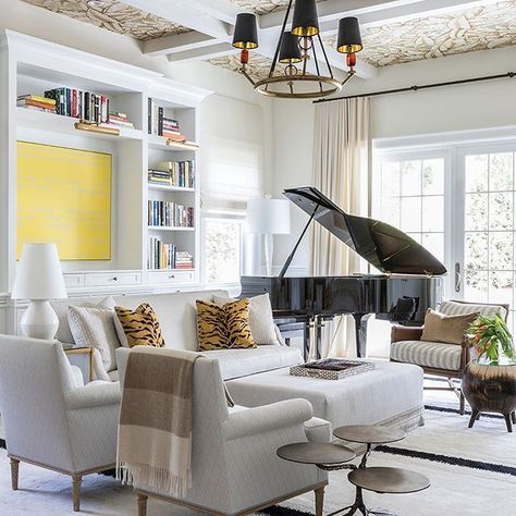 Designer: Bennett Leifer. Pianos In Living Room, Piano Room Design, Grand Piano Living Room, Custom Fireplace Screens, Piano Room Decor, Piano Living Rooms, Ceiling Paper, Design Ceiling, Piano Studio