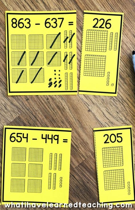 These three-digit subtraction math centers or task cards help students practice five different subtraction strategies.  This card has students use base-10 blocks to subtract.   The scaffolded levels provide plenty of practice and steps for students to be successful when subtracting three-digit numbers using a variety of subtraction strategies. #threedigitsubtraction #mathcenters #mathstations #secondgrademath Adding And Subtracting Games Grade 3, Subtracting Three Digit Numbers, Base 10 Activities, Year 2 Addition And Subtraction, Adding And Subtracting 3 Digit Numbers, Adding Two Digit Numbers 2nd Grade, 3rd Grade Subtraction, Subtracting 3 Digit Numbers, Three Digit Subtraction With Regrouping