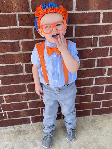 Blippi Halloween Costume Family, Diy Blippi Costume, Blippi Halloween Costume, Blippi Costume, Blippi Birthday Party, Toddler Boy Costumes, Toddler Boy Halloween Costumes, Diy Halloween Costumes For Kids, 2nd Birthday Party Themes