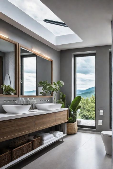 A compact bathroom filled with natural light from large windows and skylights Large Windows In Bathroom, Ceiling Window Bathroom, Bathroom With Natural Light, Skylights In Bathroom, Bathroom With Large Window, Bathroom With Big Window, Bathroom With Skylight, Bathroom Window Ideas, Bathroom With Window