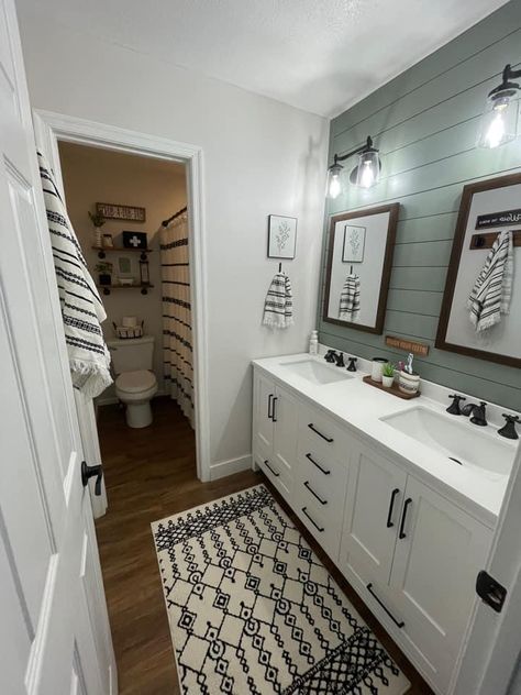 Corner Whirlpool Tub Decor Ideas, Single Restroom Design, Modern Farmhouse Bathroom Shiplap, Light Colored Bathrooms, Sage Gray Bathroom, Bathroom Esthetics, Bathroom With Two Separate Vanities, Grey And Blue Bathroom Ideas, Barndominium Inspiration