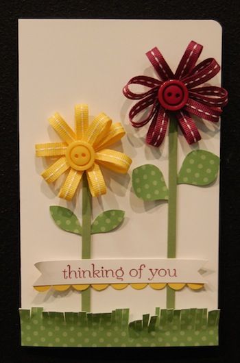 Ribbon Cards, Fabric Cards, Karten Design, 카드 디자인, Stamping Ideas, Button Cards, Handmade Greetings, Button Crafts, Button Flowers