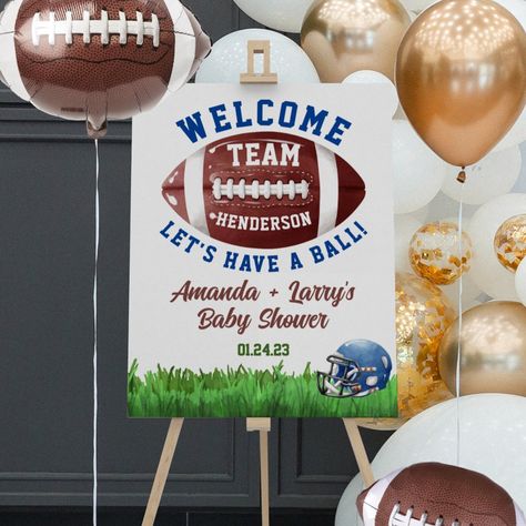 This football-themed baby shower welcome sign is the perfect way to celebrate the arrival of a baby boy! The sign features a playful design with football graphics and your personal message. Sure to be a hit with any football-loving parents-to-be, this welcome board is a fun and unique way to welcome guests into your baby shower. Football Baby Shower Theme, Baby Boy Football, Sports Baby Shower Theme, Football Baby Shower, Football Graphics, Loving Parents, Sports Baby Shower, Baby Shower Theme Decorations, Football Baby