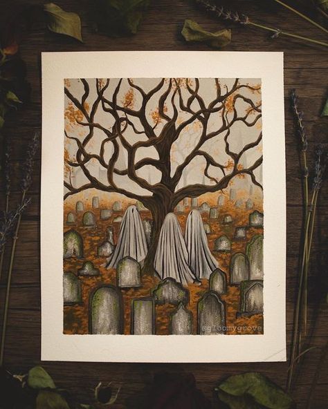 Graveyard Painting, Fall Artwork, Night Mode, Halloween Artwork, Halloween Wall Art, Spooky Ghost, Poster Pictures, Love Painting, Rich Colors