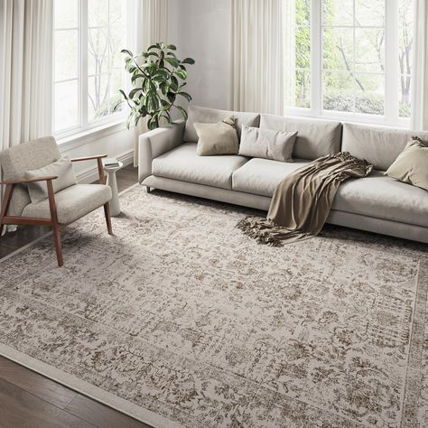 PRICES MAY VARY. Classic Vintage Style: PureCozy area rug has a trendy faded style and a unique retro pattern, tribal design blend perfectly with your home, suitable for the living room, bedroom, dining room, laundry room, entryway, kids' room, playroom, kitchen and office. Power Loomed Rug: Our non-slip area rug is made of durable polypropylene which is perfect for high traffic area and easy to mantain. The bottom of the washable rug has a durable TPR rubber backing. Anti-skid backing helps the Gray Couches Area Rug, Rug With Off White Couch, Rugs To Go With Dark Grey Couch, Warm Living Room Rug, Living Room Rug Dark Floors, Trendy Rugs Living Rooms, Living Room Rugs With Beige Couch, Living Room Rugs With Grey Couch, Rugs For Beige Couch