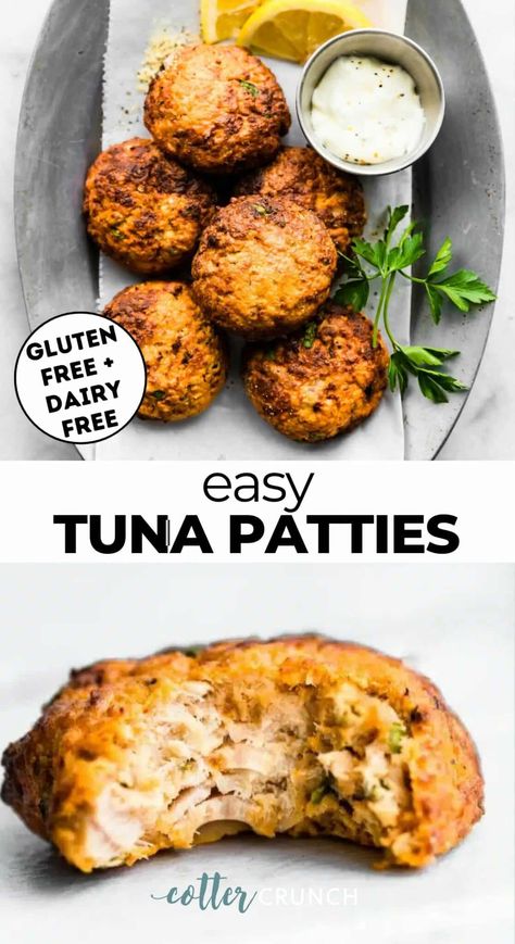 This Easy Tuna Patties Recipe features simple, gluten-free ingredients for a flavorful, budget-friendly meal or appetizer full of protein and nutrients. Cook the patties in the oven or air fryer, and serve them in gluten-free buns, on a salad, or with your favorite dip! Aip Tuna Patties, Gluten Free Tuna Cakes, Gluten Free Tuna Patties, Tuna Muffins Recipe, Aip Air Fryer Recipe, Tuna Patties Air Fryer, Tuna Snack Ideas, Air Fryer Tuna Patties, Keto Tuna Recipes