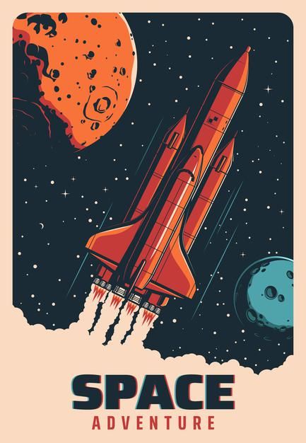 Space Posters For Room, Nasa Poster Vintage, Retro Space Decor, Retro Space Illustration, Planets Graphic Design, Vintage Space Illustration, Space Game Design, Space Poster Ideas, Space Illustration Design