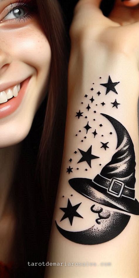 Explore over 50 witchy tattoos and uncover their mystical meanings. From sigils to celestial designs, find the perfect ink to express your magic and power. ✨🔮 Witch Tattoos For Women, Witch Tattoos, Witchy Tattoos, Celestial Tattoo, Witch Tattoo, Sleeve Tattoos, Tattoos For Women, Over 50, Tatting