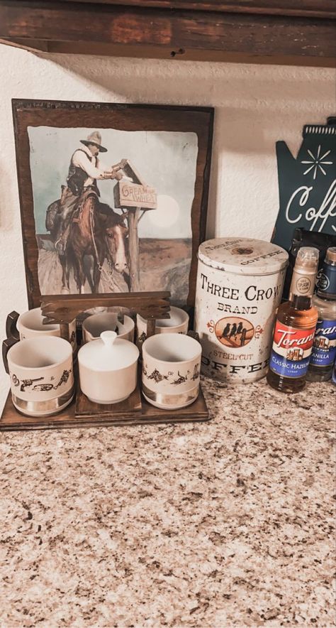 Southwestern Coffee Bar, Western Kitchen Apartment, Western Coffee Table Decor Ideas, Simple Western Kitchen, Western Decor Above Kitchen Cabinets, Western Apartment Decor Kitchen, Country Western Kitchen, Western Coffee Bar Ideas, Western Ranch Decor