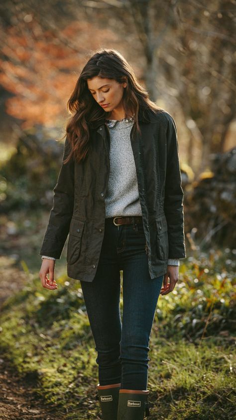 Barbour Beadnell Outfit, Scotland Fashion Spring, Classic Country Outfits Women, Autumn Country Outfits, Barbour Women Outfit, Rustic Outfits For Women, Countryside Aesthetic Outfit, Scottish Outfit Women, Barbour Aesthetic