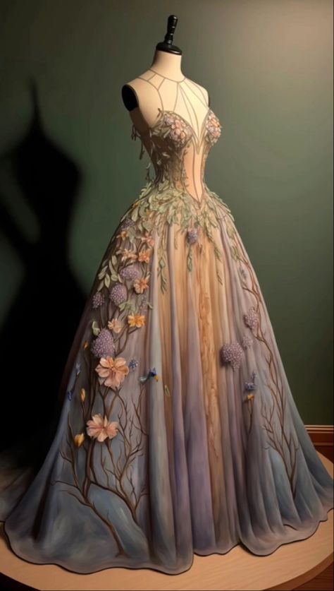 ACOTAR Spring Court inspired gown Nature Dress Aesthetic, Acotar Ball Gowns, Jewel Toned Dress, Acotar Inspired Dresses, Acotar Clothing, Acotar Night Court Fashion, Spring Court Dress, Acotar Dresses, Acotar Outfits