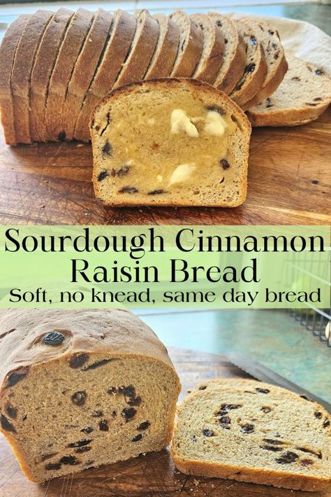 No Knead, Easy, soft, same day sourdough cinnamon raisin bread the family will love. Filled with sweet juicy raisins. Easy healthy breakfast or snack to have on hand. Sourdough Raisin Bread Recipe, Sweet Sourdough Bread Recipe, Sourdough Cinnamon Raisin Bread, Cinnamon Raisin Sourdough Bread, Cinnamon Raisin Sourdough, Sourdough Cinnamon Raisin, Bagels Homemade, Cinnamon Raisin Bread Recipe, Homemade Sourdough Bread Recipes