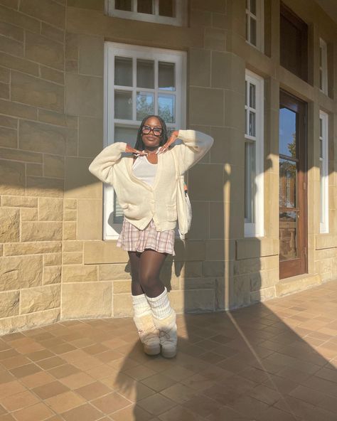 Black girl wearing fuzzy boots, glasses, a mini skirt and thighs and is wearing a white winter outfit Legwarmers Outfit, Leg Warmer Outfits, Y2k Leg Warmers, Leg Warmer Outfit, Kawaii Leg Warmers, Leg Warmers Outfit, Outfit Inspo Winter, Aesthetic 2023, Winter Boots Outfits