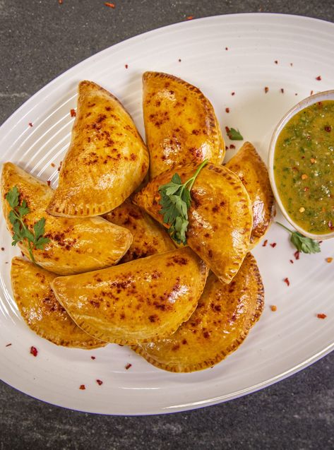 Sweet Potato, Black Bean & Corn Puff Empanadas with Chimichurri - Ainsley Harriott Foodie Lover, Sweet Potato Black Bean, Corn Puffs, Black Bean Corn, Sweet Potato Black Beans, Hand Pie, Easy Veggie, Chimichurri Sauce, Small Food Processor