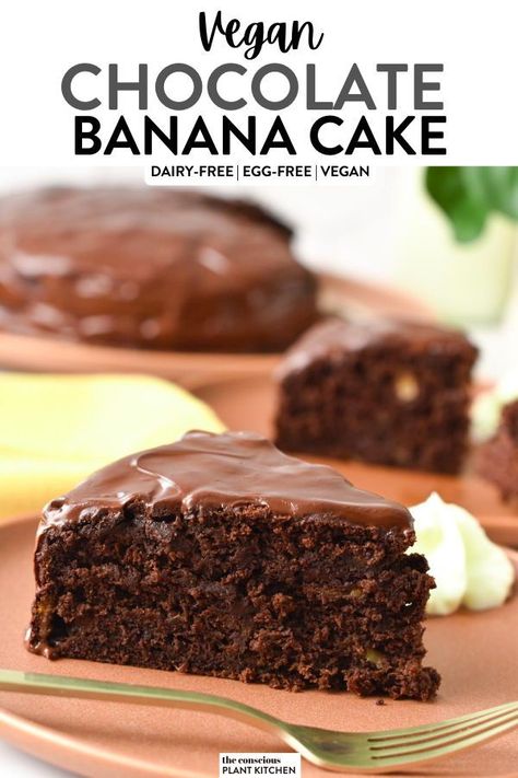 This Vegan Chocolate Banana Cake is an easy, moist, fudgy chocolate cake with a delicious banana flavors and a rich chocolate ganache. If you are after a delicious banana cake that can use all your over-ripe bananas, this is the chocolate cake you need. Banana Cake Vegan, Banana Chocolate Cake, Fudgy Chocolate Cake, Vegan Chocolate Ganache, Vegan Apple Cake, Df Recipes, Chocolate Banana Cake, Peanut Butter Banana Bread, Plant Kitchen