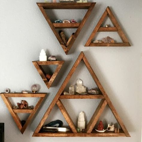 Decor Plants, Triangle Shelf, Crystal Shelves, Crystal Wall, Meditation Space, Shelf Design, Cheap Decor, Wooden Shelves, Cheap Home Decor