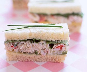 Crab, Avocado and Watercress Sandwiches - make paninis, get crab from Bobby Chez Crab Salad Sandwich Recipe, Watercress Sandwich, Crab Salad Sandwich, Avocado Tea, Crab And Avocado, Crab Avocado, Tea Party Sandwiches, Healthy Afternoon Snacks, Tea Time Food