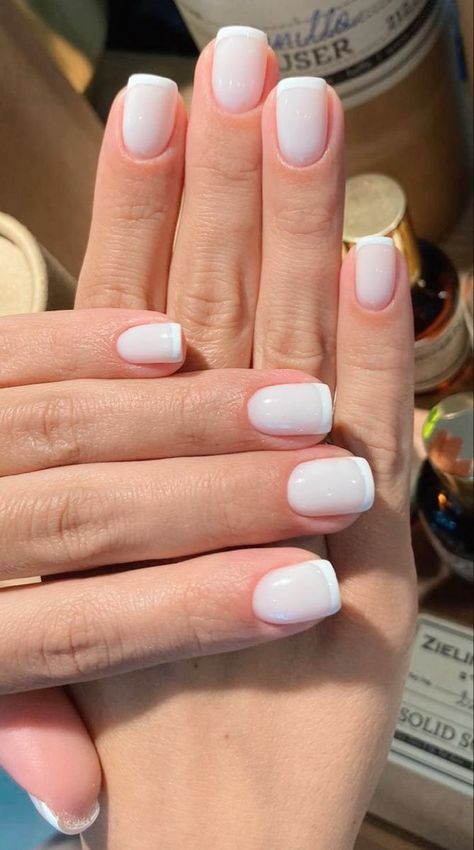 White Nails And French Tip, French Manicure Square Nails Short, Off White French Manicure, French No Chip Manicure, White Nail With French Tip, Natural White French Tip Nails, White On White French Manicure Short, Short French White Nails, Nail Milky White French