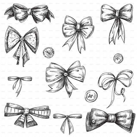 Set of Bows, Hand Drawn Lace Bow Tattoos, Bow Tattoos, Tie Drawing, Bow Drawing, Bow Vector, Banner Drawing, Ribbon Tattoos, Bow Tattoo, Lace Tattoo