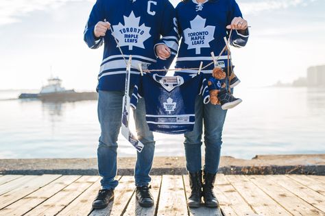 Toronto Maple Leafs hockey themed gender reveal Gender Reveal Ideas Hockey Theme, Hockey Themed Gender Reveal, Hockey Gender Reveal Ideas, Hockey Baby Announcement, Gender Reveal Hockey, Hockey Pregnancy Announcement, Hockey Gender Reveal, Baby Gender Reveal Announcement, Family Future