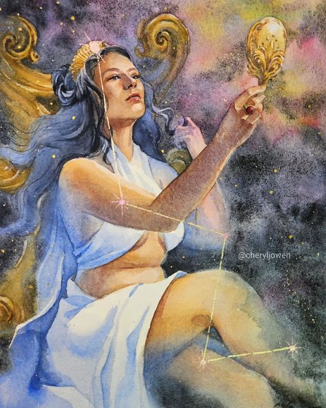 "Cassiopeia" Watercolor on paper 8.5 x 11 in 2024 This piece is available for bidding at the @stardustartists FB page! Link in bio. Cassiopeia is the constellation found in the northern sky named after the Queen Cassiopeia, mother of Andromeda, in Greek Mythology. It was said that she was punished by Poseidon, god of the sea, after she boasted that she and her daughter were more beautiful than the sea nymphs. She was then forced to wheel around the northern skies on her throne, spending hal... Andromeda Mythology, Poseidon God Of The Sea, Poseidon God, Representational Art, Watercolor Subjects, Roman Mythology, Mythology Art, Watercolor On Paper, Hand Mirror