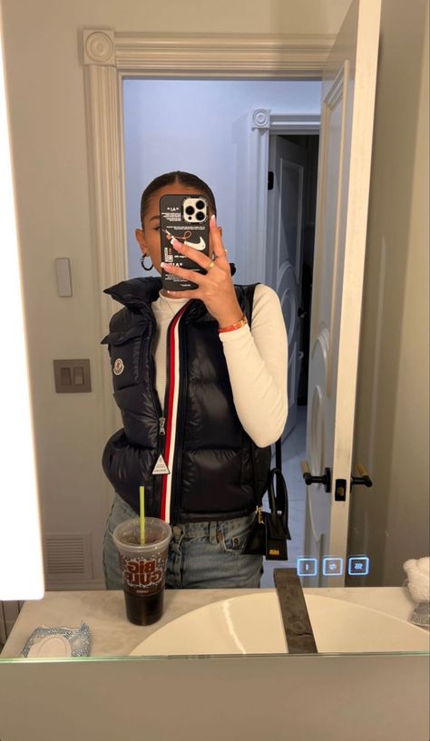 Black Moncler Jacket Outfit, Moncler Vest Outfit, Nuptse Vest Outfit, Moncler Aesthetic, Nobu Recipe, Snow Alps, Puffer Fits, Moncler Vest, Gilet Outfit