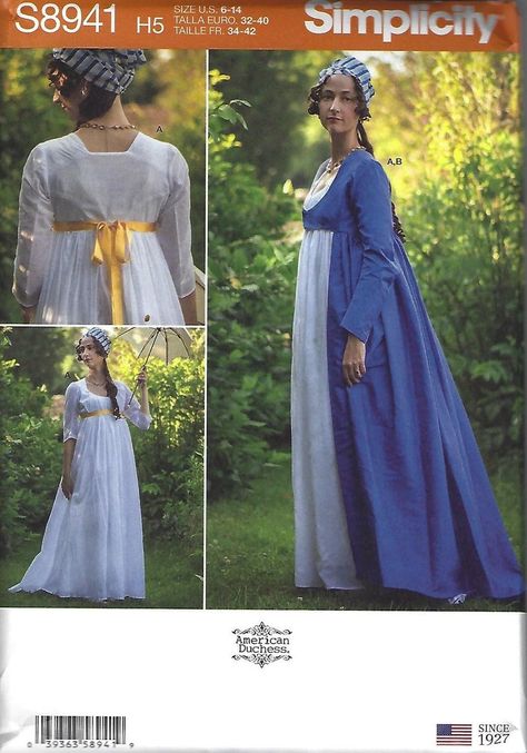 Simplicity 8941 Misses Women's Regency Jane Austen Dress | Etsy Jane Austen Dress, American Duchess, Empire Waist Gown, Regency Gown, Medieval Gown, Regency Dress, Costume Sewing Patterns, Regency Fashion, Regency Era