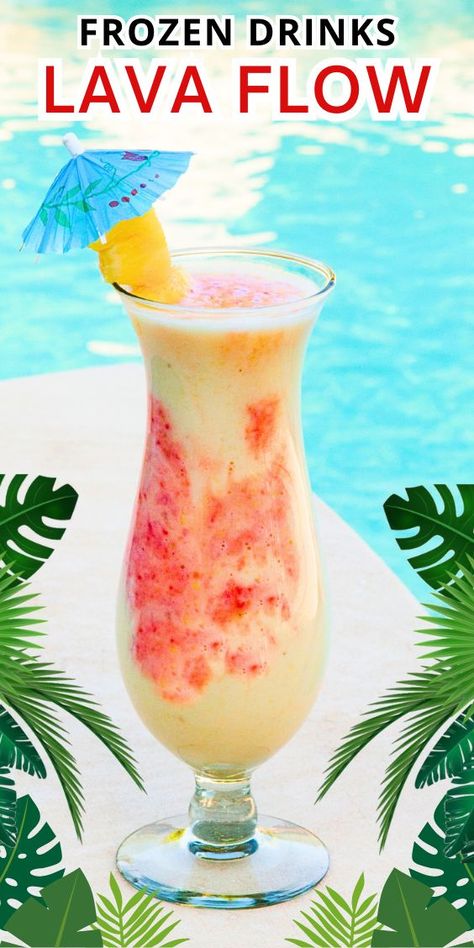 Love frozen drinks? This one is EXTRA creamy because there is no ice! Chill all the ingredients and you'll get the best ever frozen drinks for you and your friends. Made with coconut cream, rum, pineapple juice, banana and strawberries. When it comes to frozen drinks, you'll love this one! Cheers! Lava Flow Drink Recipe, Lava Flow Drink, Luau Drinks, Frozen Mixed Drinks, Coconut Rum Drinks, Tropical Drink Recipes, Frozen Drinks Alcohol, Hawaiian Drinks, Frozen Cocktail Recipes