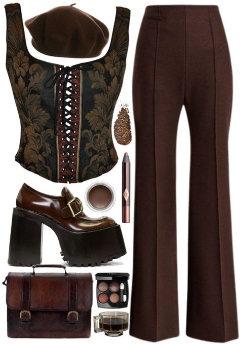 black + brown + glitter Outfit | ShopLook Brown Goth Aesthetic, Black Clothes Aesthetic, Dark Brown Outfit, Brown Goth, Goth Aesthetic Outfit, Brown Aesthetic Outfit, Clothes Polyvore, Dreamy Wardrobe, Grace Rose