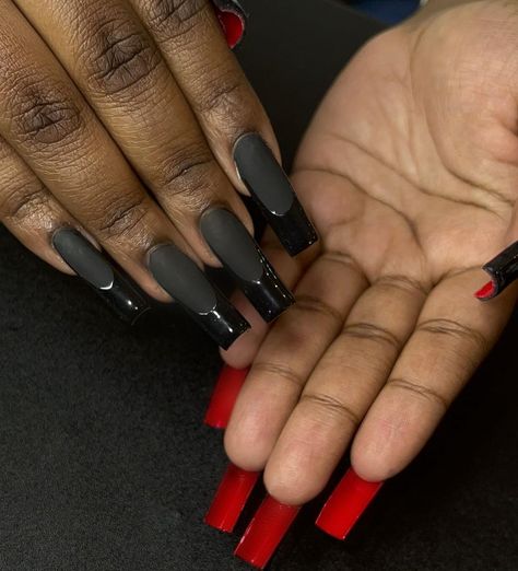 Long Matte Nails Design, Red Bottom Birthday Nails, Cool Goth Nails, Matte Black Red Bottom Nails, Redbottom Nails Acrylic, Matt Black Nail Designs, Matte Black And Red Nails, Black French Tip Nails Halloween, Exorcist Nails