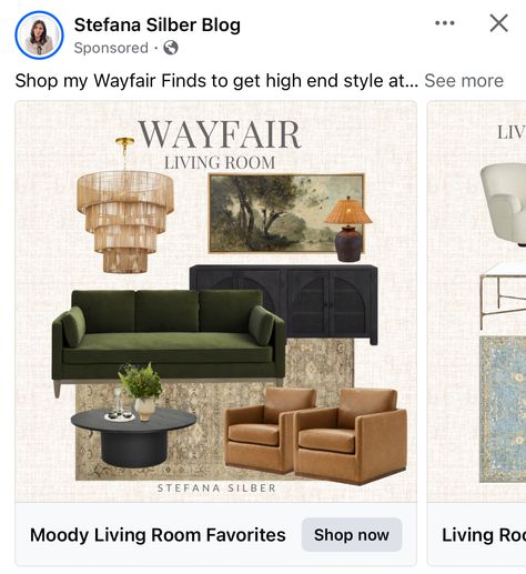 Moody Spaces, Taupe Living Room, Green Couch Living Room, Chesterfield Living Room, Green Sofa Living Room, Moody Living Room, Leather Couches Living Room, Wayfair Living Room, Narrow Living Room