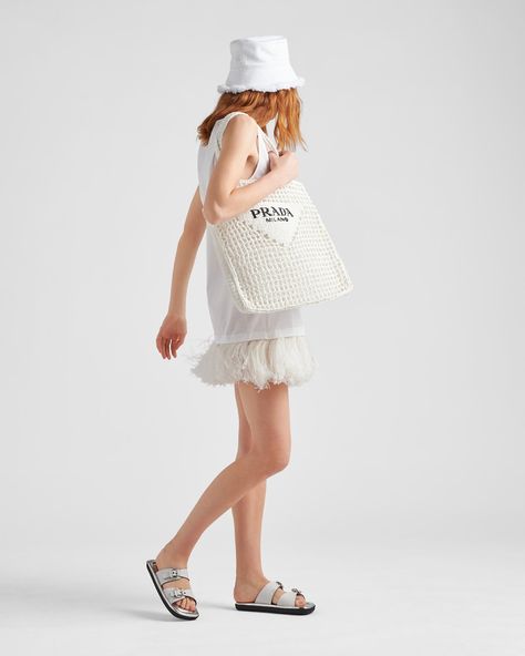 White Raffia tote bag | Prada White Crochet Tote Bag, Prada Raffia, Crochet Logo, Raffia Tote Bag, Bag Prada, Crochet Tote Bag, Lettering Logo, Crochet Tote, White Crochet