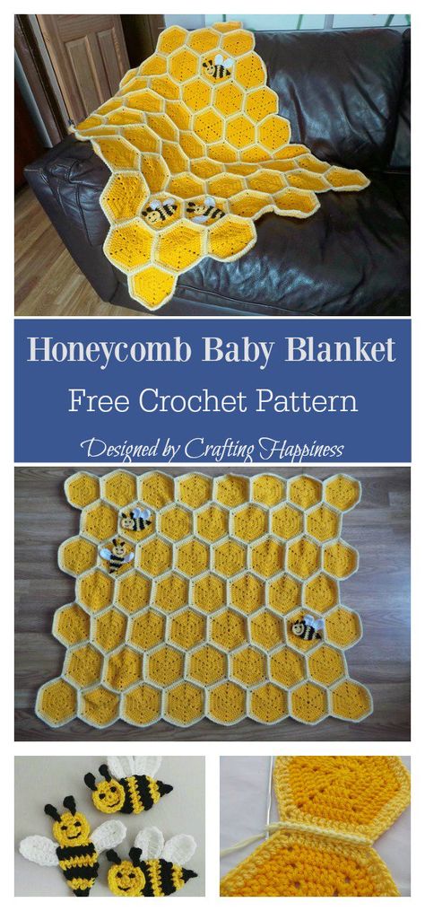 Bee Happy Honeycomb Baby Blanket Free Crochet Pattern - Cool Creativities Baby Blanket Free Crochet Pattern, Crochet Baby Blanket Beginner, Hand Crocheted Blanket, Crocheted Blanket, Baby Crochet Patterns Free, Crochet For Beginners Blanket, Crochet Bee, Baby Mittens, Manta Crochet