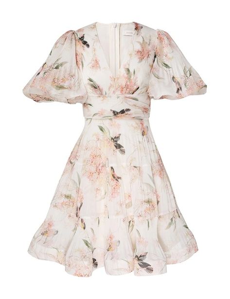 Pleated Mini Dress Coral Birds Online | Zimmermann Zimmerman Dress, Boho Chic Design, Pleated Mini Dress, Pleated Fabric, Pleated Midi Dress, Shearling Jacket, Floral Mini Dress, Mini Dress With Sleeves, White Mini Dress