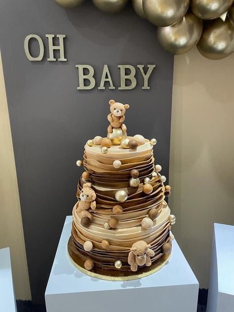 Shades Of Brown Gender Reveal, Brown And White Baby Shower Ideas, Brown Gender Reveal Ideas, Brown Gender Reveal, Baby Shower Food Black People, Neutral Gender Reveal Cake, Luxury Baby Shower Ideas, Cake Bear, Luxury Baby Shower