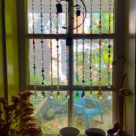 Bohemian Boho Beaded Curtain Window Doorway Glass Crystal Metals Superior Quality, Handmade Home Decor - Etsy Window Beads Curtains, Crescent City Ca, Crystal Curtains, Beaded Curtain, Curtain Window, Metal Curtain, Boho Curtains, Beaded Jewels, Beaded Curtains