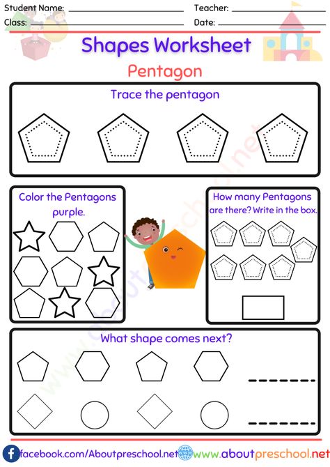 Shapes Worksheets - Pentagon 5 Worksheet On Shapes, Shapes For Preschool, Kids Shapes, Shape Worksheets For Preschool, Shapes Worksheet Kindergarten, Learn Shapes, Shape Tracing Worksheets, Teaching Shapes, Matching Worksheets