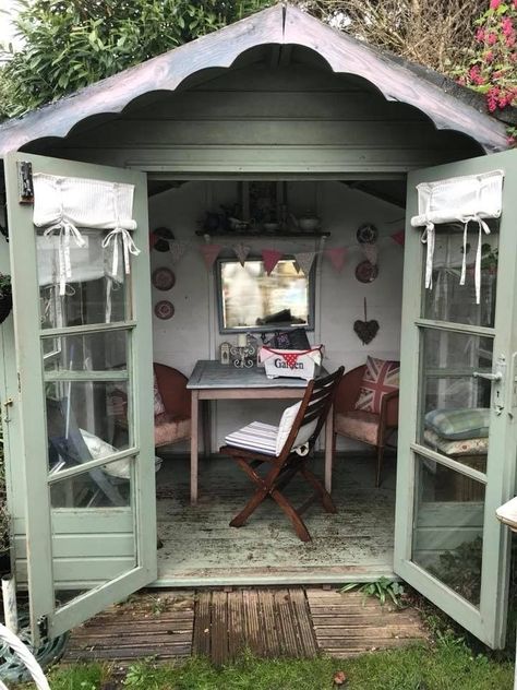 Summerhouse Ideas, Summer House Interiors, Garden Library, Shed Windows, Farmhouse Window Treatments, Garden Sanctuary, Garden Room Ideas, Shed Decor, Victorian Gardens