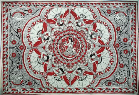 Madhubani art kachani style red colour ink and dye raas leela krishna leela radhe krishna indian folk art painting monocolour indian patterns pen and micron inks Krishna Leela Painting, Madhubani Krishna, Madhubani Border, Painting Krishna, Painting Madhubani, Madhubani Paintings, Madhubani Art, Madhubani Painting, Art Diary