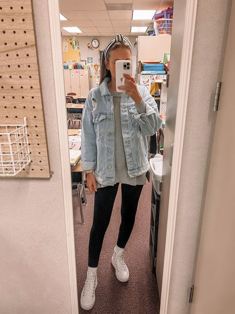 How To Style Jean Jacket Winter, Denim Jacket Over Dress Outfit, Jean Jacket Teacher Outfit, Over Sized Jean Jacket Outfits Fall, Teacher Outfits With Nike Sneakers, Teacher Aide Outfits Middle School, Teacher Outfit With Leggings, Headstart Teacher Outfits, Teacher Outfit No Jeans