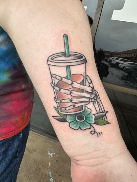 Iced Coffee Tattoo, Coffee Tattoo Ideas, Skeleton Tattoo, Coffee Tattoo, Tattoo Time, Coffee Tattoos, Skeleton Tattoos, Time Tattoos, Skeleton Hands