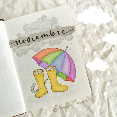 November bullet journal cover page. Rainbow umbrella and yellow wellies / rain boots. Using gray Tombow dual brush and zebra mildliners markers. Umbrella Bullet Journal, Rain Bullet Journal, November Bullet Journal Cover, Journal Cover Ideas, Yellow Wellies, November Bullet Journal, Monthly Bullet Journal, Rainbow Umbrella, April Bullet Journal