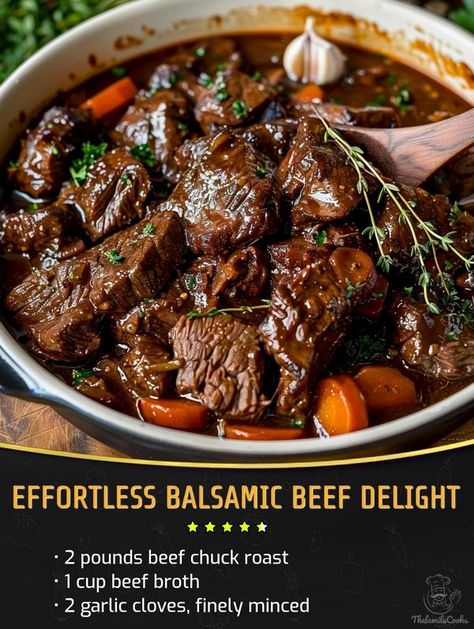 Kylie Recipes | Effortless Balsamic Beef Delight | Facebook Effortless Balsamic Beef Delight, Balsamic Beef, Ina Garten Recipes, Beef Chuck Roast, Beef Chuck, Chuck Roast, Tasty Kitchen, Beef Broth, Beef Dishes