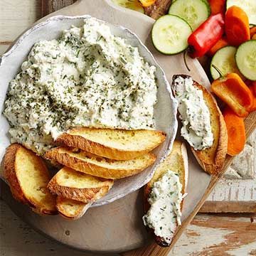 Ricotta and Parmesan Spread    1 15 - 16 - ounce container whole milk ricotta cheese  3 ounces Parmesan cheese, finely shredded (3/4 cup)  1/4 cup snipped fresh basil  2 tablespoons snipped fresh oregano  2 tablespoons snipped fresh chives   1 teaspoon kosher salt or 1/2 teaspoon table salt  1 teaspoon cracked black pepper  1 teaspoon olive oil (optional)  1 8 - ounce loaf baguette-style French bread, cut into 1/4-inch-thick slices   Assorted vegetable dippers Healthy Potluck, Ricotta Cheese Recipes, High Protein Dishes, Cheesy Appetizer, Potluck Recipes, Cheese Spread, Cheese Plate, Appetizer Dips, Ricotta Cheese