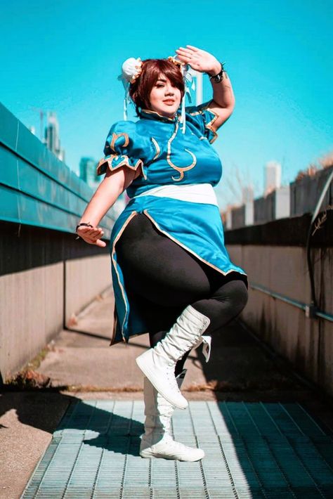 Curvy woman in Chun Li plus size costume Chun Li Costume, Blue Cheongsam, Chun Li Cosplay, Plus Size Cosplay, Chun Li, Cheongsam, Cosplay Costume, Cosplay Costumes, Halloween Costume