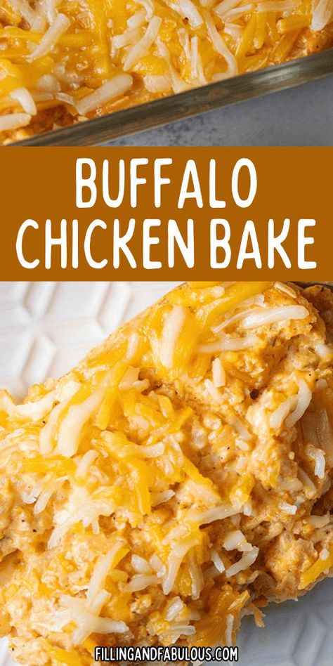 Love the flavors of buffalo chicken? Then you're going to love this Buffalo Chicken Casserole recipe! It's easy, cheesy, and even packed with a secret healthy ingredient. This makes for a great family dinner recipe! Buffalo Chicken And Rice, Casserole With Cauliflower Rice, Buffalo Chicken Bake, Chicken Thigh Casserole, Buffalo Chicken Rice, Chicken Bacon Ranch Bake, Chicken Cauliflower Casserole, Chicken Breast Casserole, White Chicken Chili Healthy