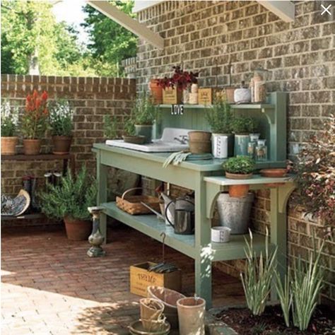 potting bench with sink Potting Bench With Sink, Potting Bench Ideas, Potting Bench Plans, Diy Potting Bench, Outdoor Potting Bench, Garden Screen, Garden Sink, Raised Bed Garden Design, Diy Bench Outdoor