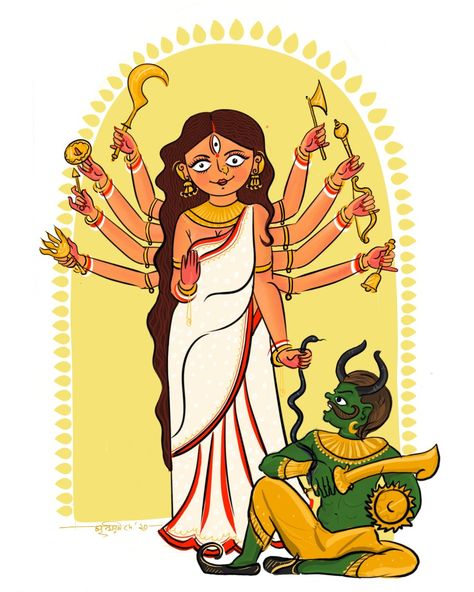 Durga Pujo Illustrations, Bengali Painting, Gouache Ideas, Durga Ma, Durga Ji, Durga Painting, Indian Art Gallery, Indian Goddess, Goddess Artwork